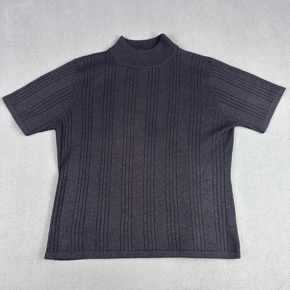 Croft & Barrow Womens Medium Black Metallic Ribbed Mock Neck Short Sleeve Top